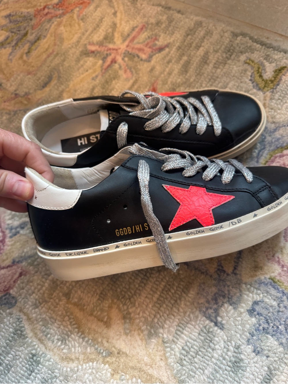 Golden Goose Hi Star Sneakers in Black with Pink/Coral Star